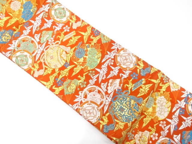 JAPANESE KIMONO / ANTIQUE OBI FOR KIDS / WOVEN BELL & ORIGAMI CRANE & DRUMS & FLORAL PLANTS